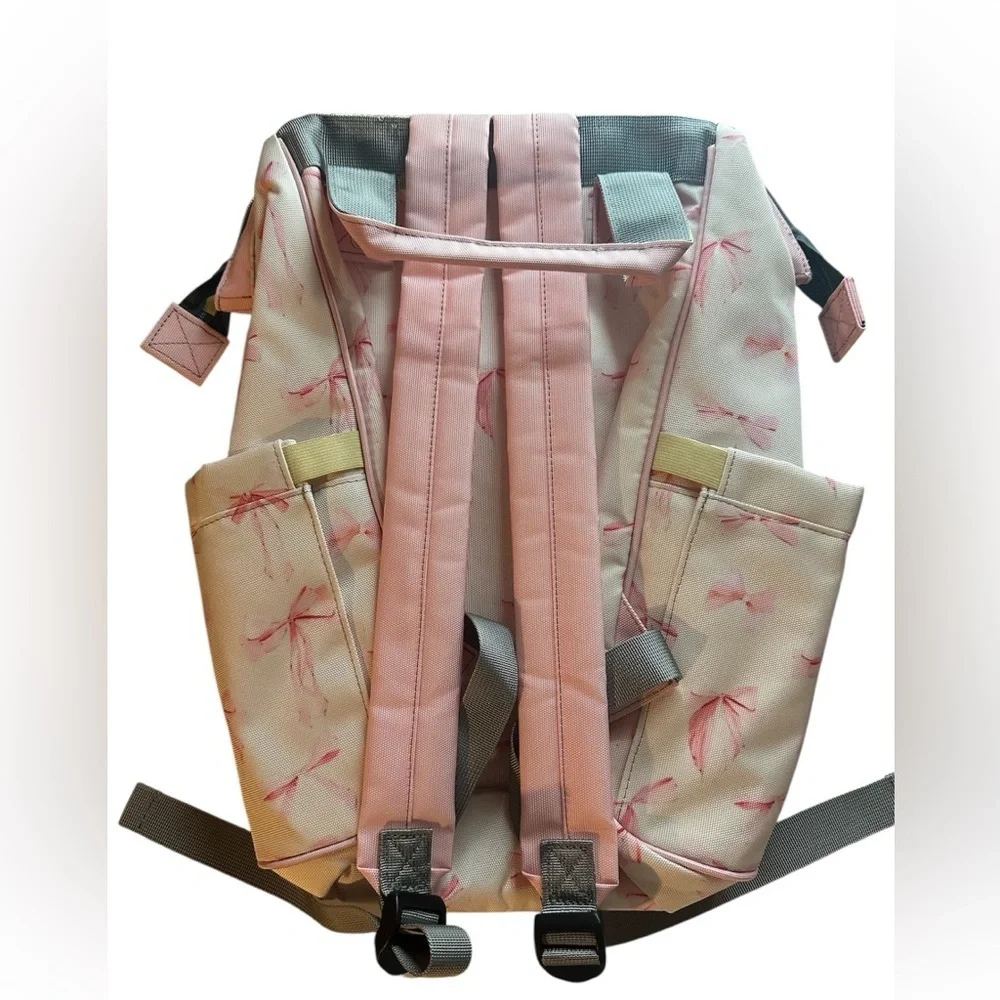 Alayla Bow Backpack,3Zip up pockets,2Water bottle‎ holders,pink,grey,cream,gold